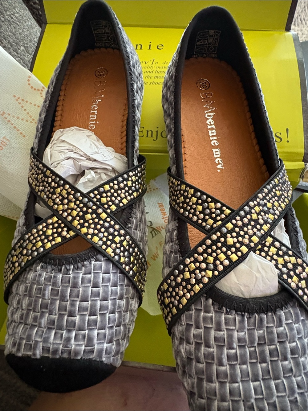 bernie mev. Gray Woven Ballet Flats with Black Studded Crisscross Straps